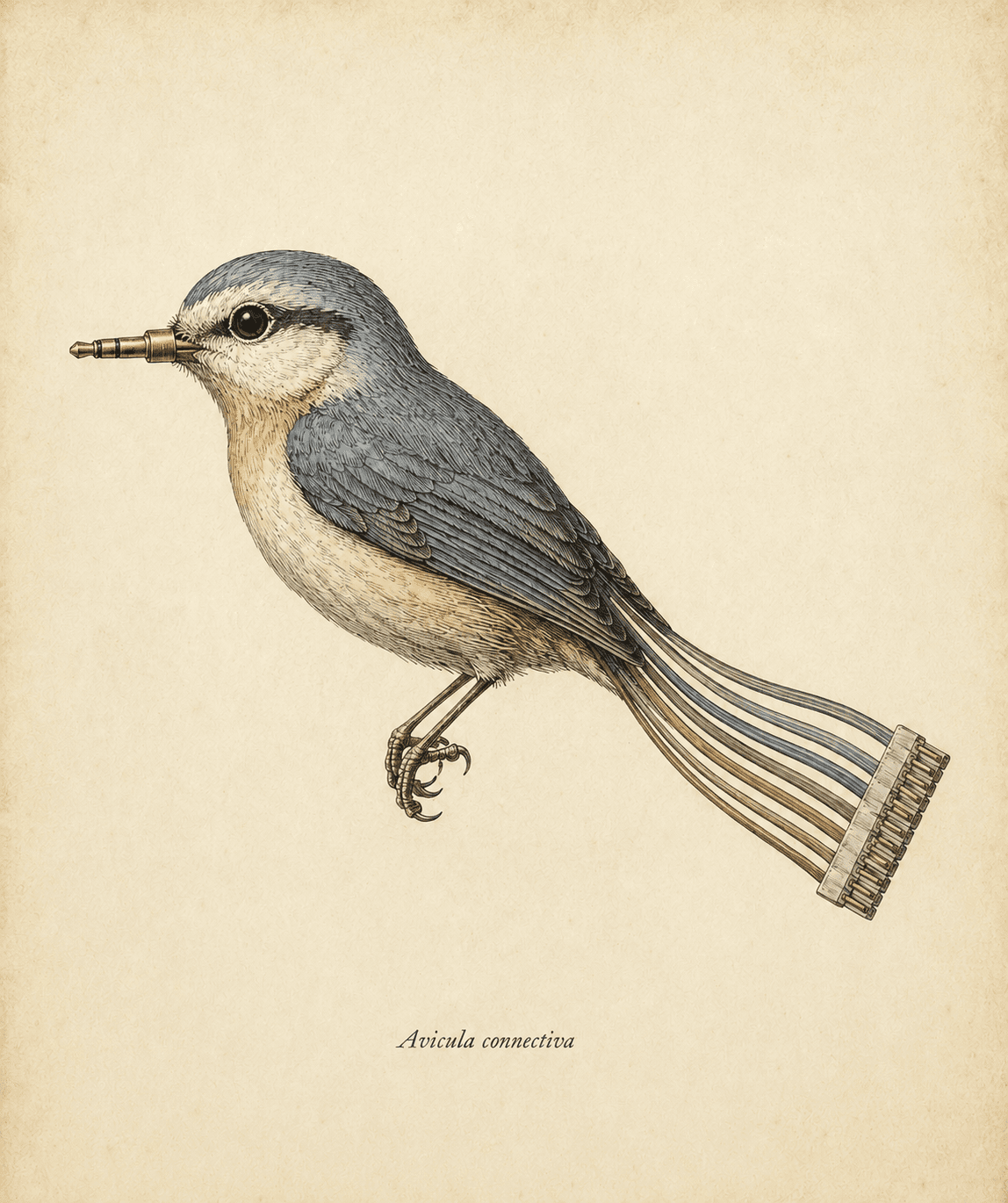 An engraved blue-grey bird with a jack-plug beak and ribbon-cable tail feathers