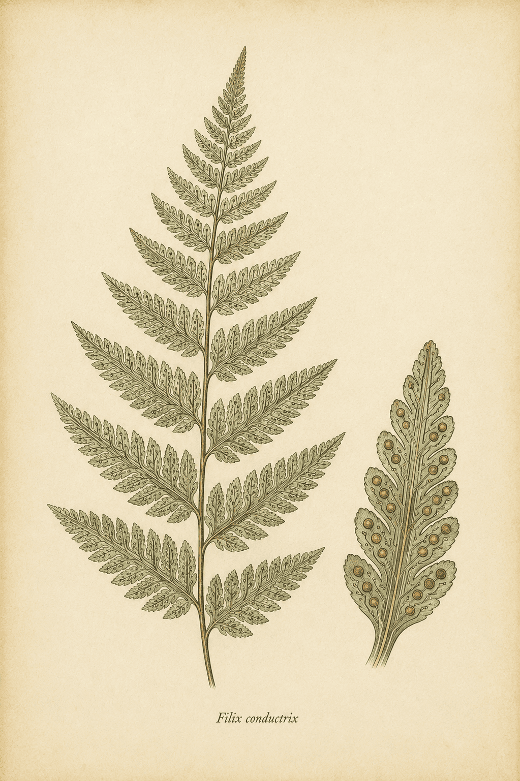 An engraved fern with circuit-like traces and brass contact points