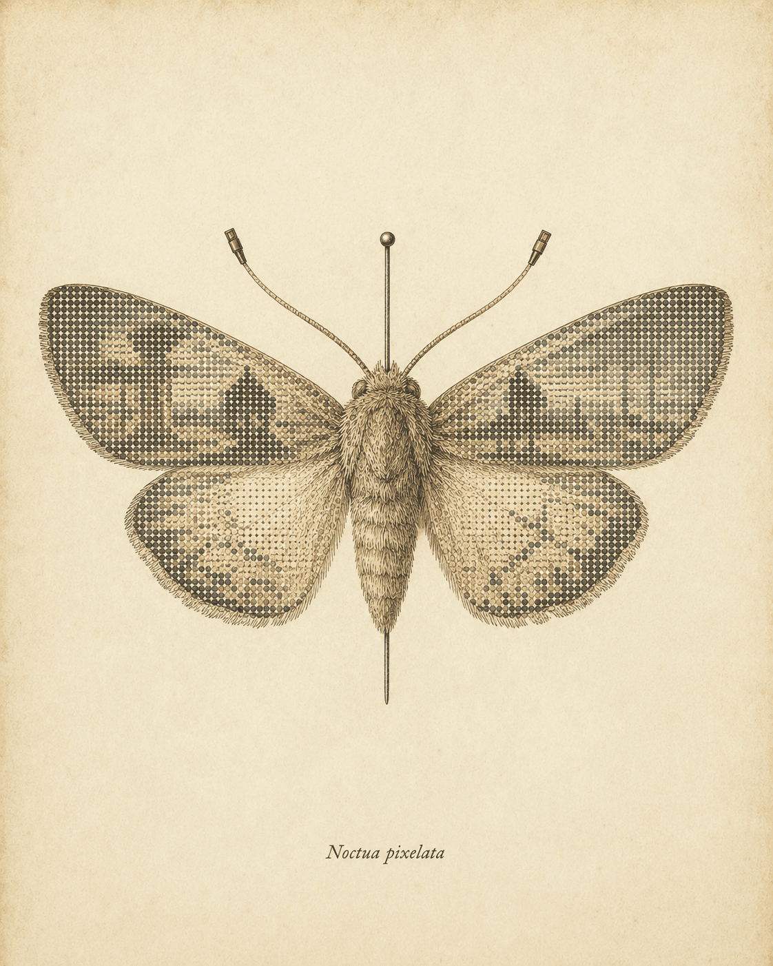 An engraved moth with halftone-dot wings and cable-tipped antennae